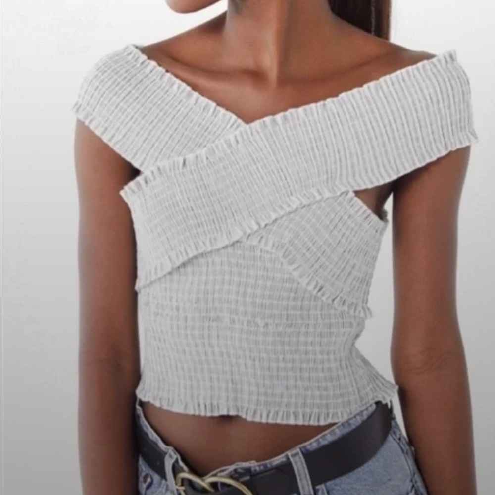 Off the Shoulder Ruched Criss Cross Crop Top